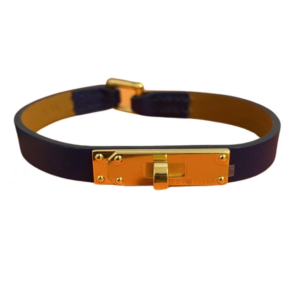 Rare! Hermes Chamonix Kelly Bracelet S Gold Black Leather Velvet Pouch
